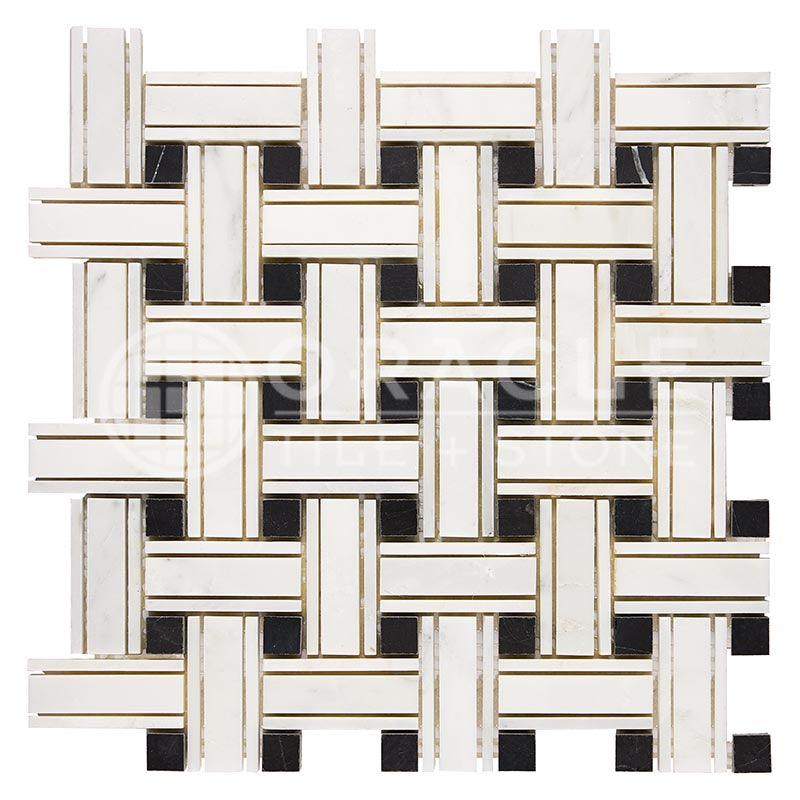 Oriental White (Asian Statuary) Marble - Triple-Weave Mosaic Tile w/ Black Marble Dots