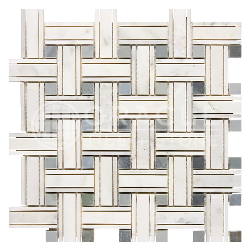 Oriental White (Asian Statuary) Marble - Triple-Weave Mosaic Tile w/ Bardiglio Blue-Gray Marble Dots