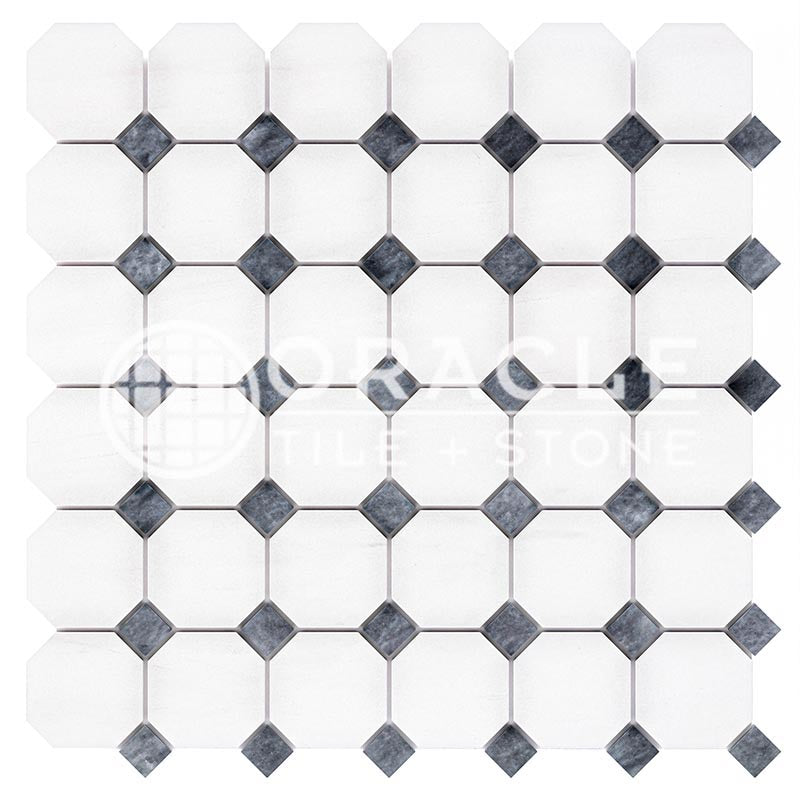 Bianco Dolomiti (Premium White Dolomite) - Octagonal Mosaic Tile w/ Bardiglio Blue-Gray Marble Dots