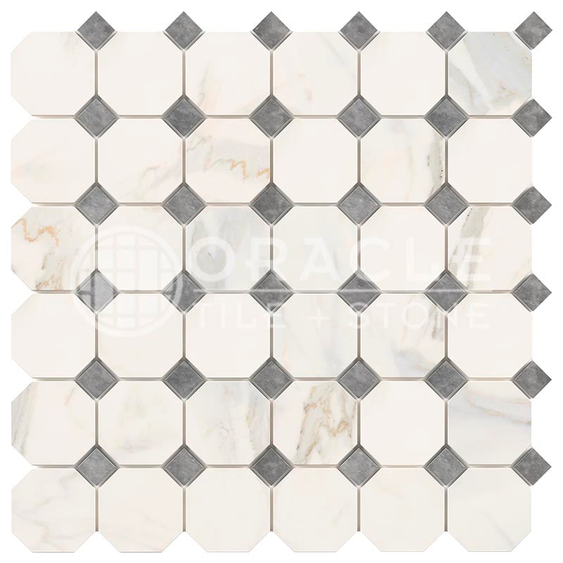 Italian Calacatta Gold Marble - Octagonal Mosaic Tile w/ Bardiglio Blue-Gray Marble Dots