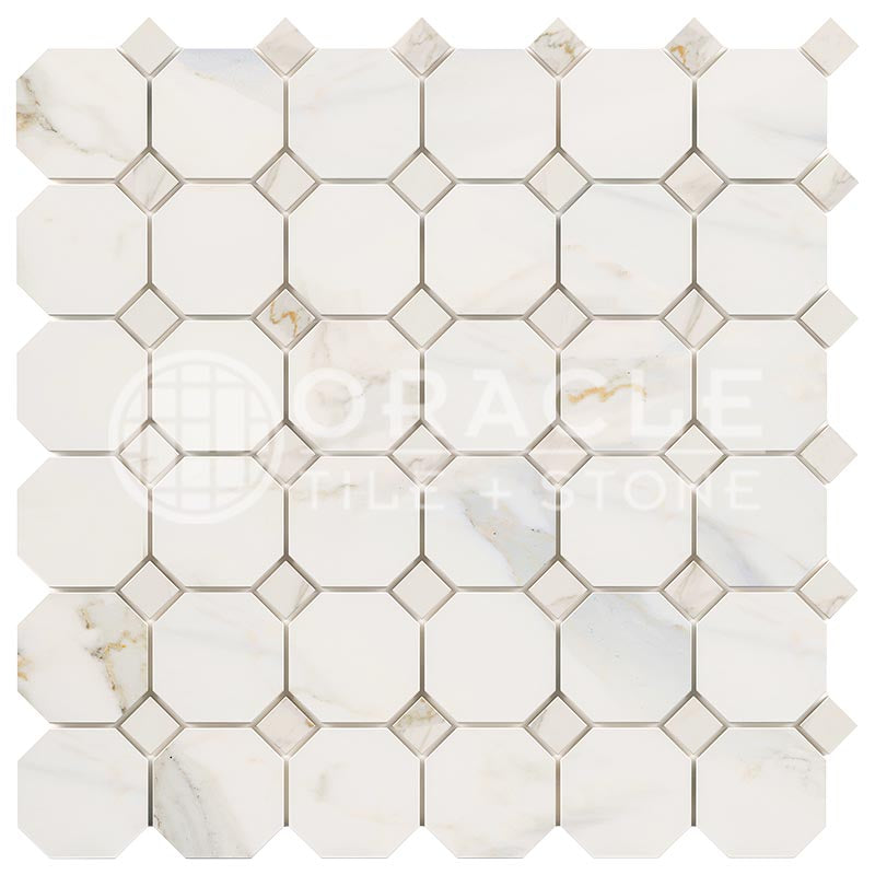 Italian Calacatta Gold Marble - Octagonal Mosaic Tile w/ Calacatta Gold Marble Dots