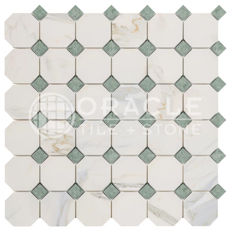 Italian Calacatta Gold Marble - Octagonal Mosaic Tile w/ Ming Green Marble Dots