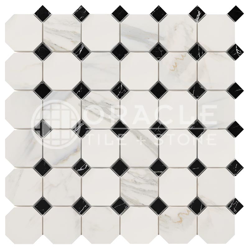 Italian Calacatta Gold Marble - Octagonal Mosaic Tile w/ Black Marble Dots