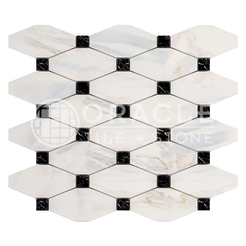 Italian Calacatta Gold Marble - Octave (Long Octagon) Mosaic Tile w/ Black Marble Dots
