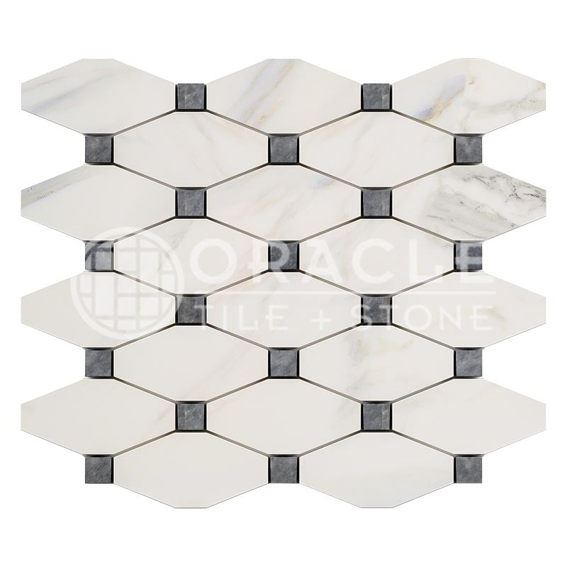 Italian Calacatta Gold Marble - Octave (Long Octagon) Mosaic Tile w/ Bardiglio Blue-Gray Marble Dots