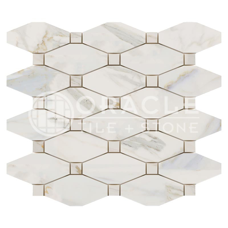 Italian Calacatta Gold Marble - Octave (Long Octagon) Mosaic Tile w/ Calacatta Gold Marble Dots