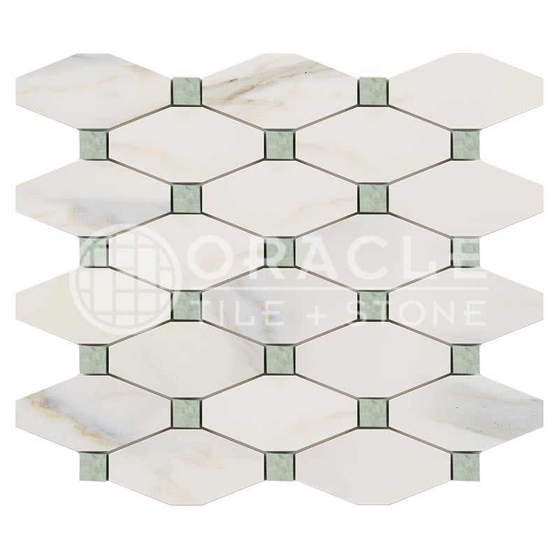Italian Calacatta Gold Marble - Octave (Long Octagon) Mosaic Tile w/ Ming Green Marble Dots