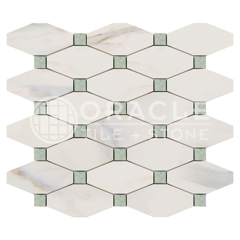 Calacatta Gold (Italian) Marble Octave (Long Octagon) Mosaic (w/ Ming-Green)