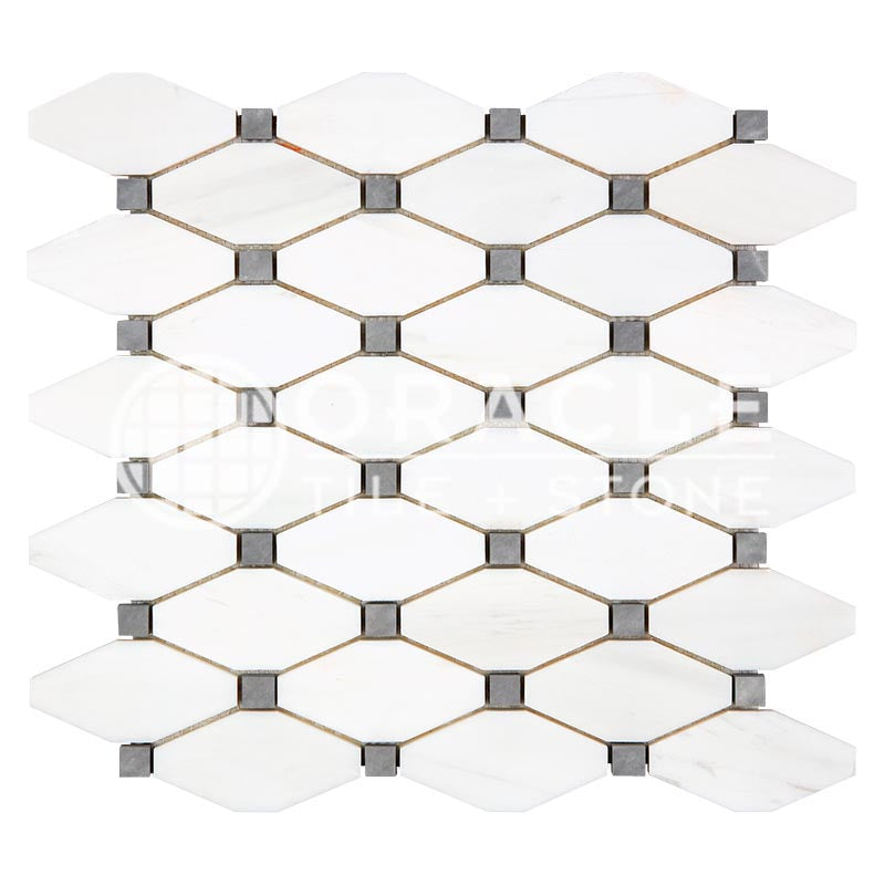 Bianco Dolomiti (Premium White Dolomite) - Octave (Long Octagon) Mosaic Tile w/ Bardiglio Blue-Gray Marble Dots