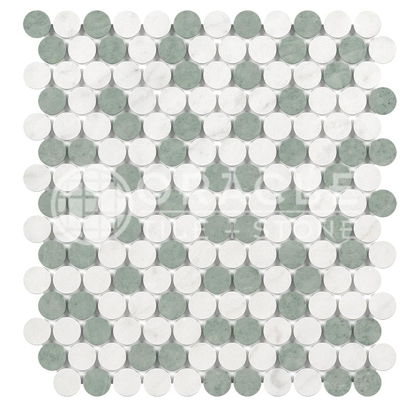 Italian Carrara White & Greek Thassos White Marble - Penny-Round Blend Mosaic Tile w/ Ming Green Marble Dots