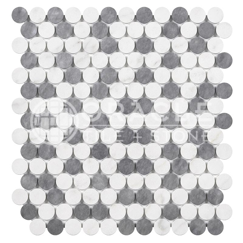 Italian Carrara White & Greek Thassos White Marble - Penny-Round Blend Mosaic Tile w/ Bardiglio Blue-Gray Marble Dots