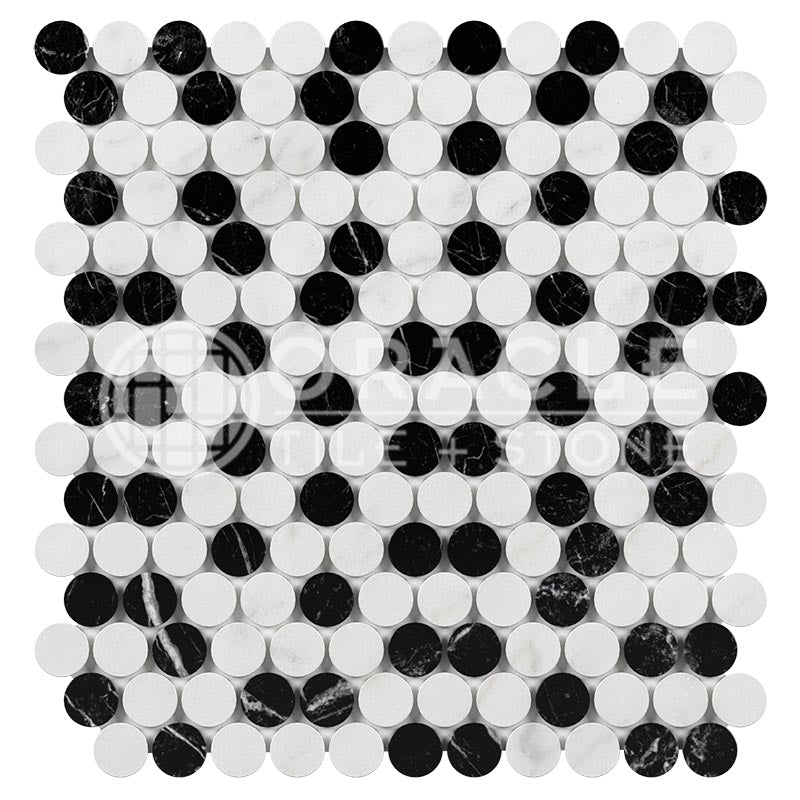 Italian Carrara White & Greek Thassos White Marble - Penny-Round Blend Mosaic Tile w/ BLACK Marble Dots