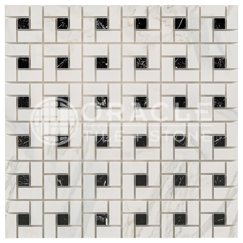 Italian Calacatta Gold Marble - Pinwheel Mosaic Tile w/ Black Marble Dots