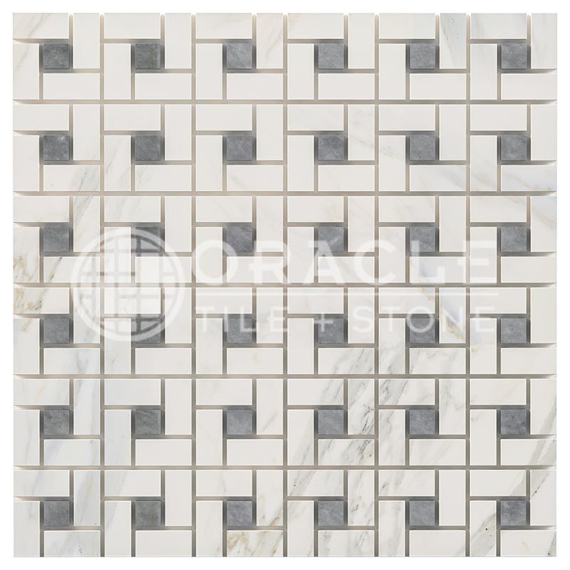Italian Calacatta Gold Marble - Pinwheel Mosaic Tile w/ Bardiglio Blue-Gray Marble Dots