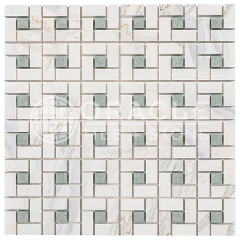 Italian Calacatta Gold Marble - Pinwheel Mosaic Tile w/ Ming Green Marble Dots