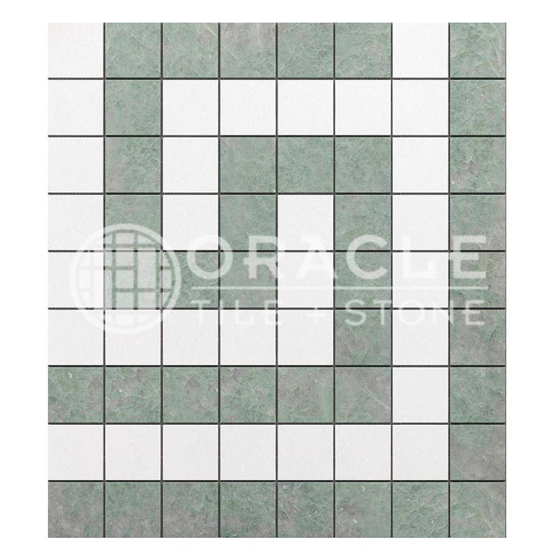 Thassos White Marble - Greek Key Border / Listello CORNER with Ming Green Marble Dots