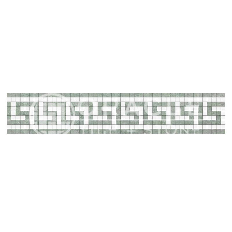 Thassos White Marble - Greek Key Border / Listello with Ming Green Marble Dots