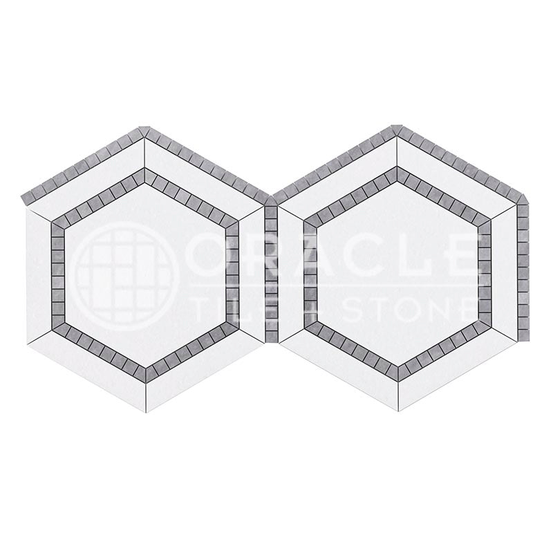 Thassos White Marble - 5" Hexagonal Combination Mosaic Tile w/ Bardiglio Blue-Gray Marble Inserts