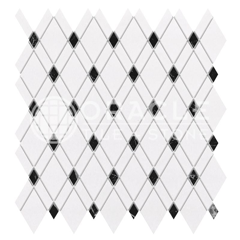 Thassos White & Carrara White Marble - Lattice Mosaic Tile w/ Black Marble Strips