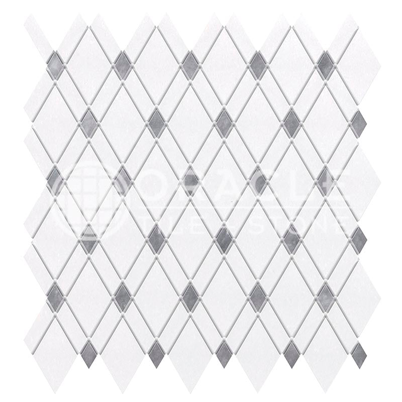 Thassos White & Carrara White Marble - Lattice Mosaic Tile w/ Bardiglio Blue-Gray Marble Strips