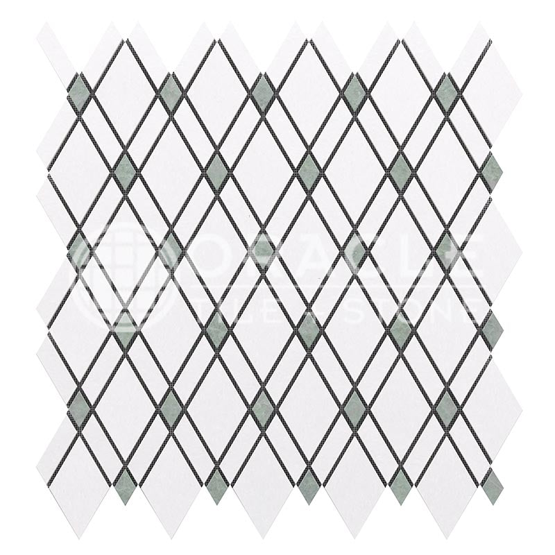 Thassos White & Carrara White Marble - Lattice Mosaic Tile w/ Ming Green Marble Strips