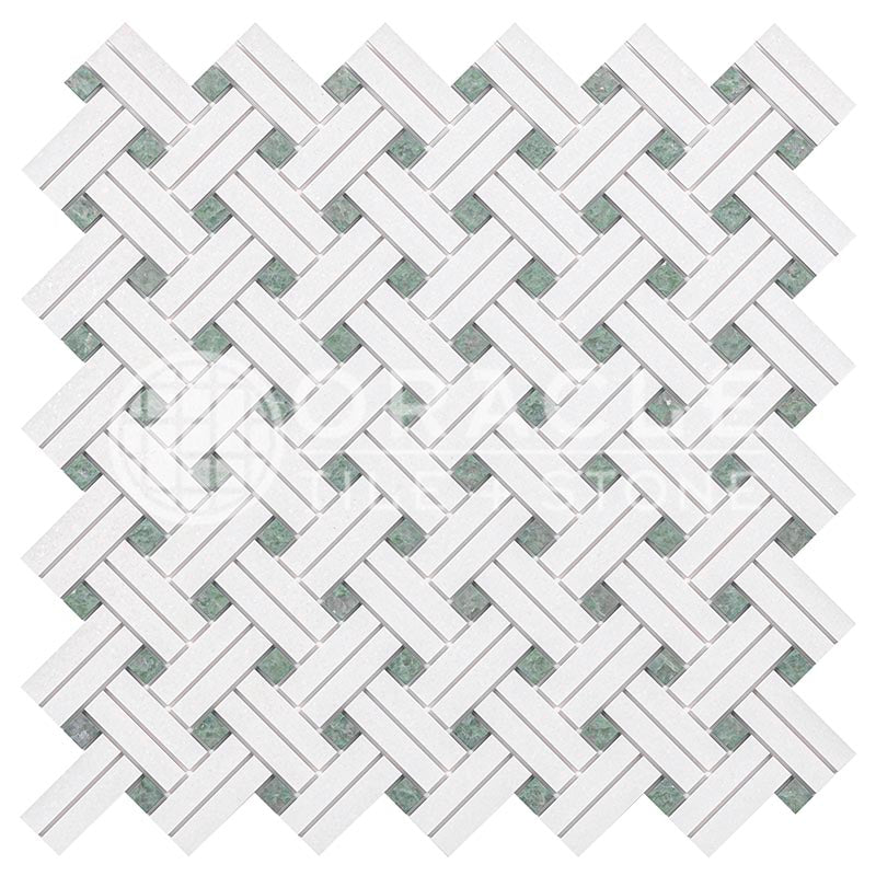 Thassos White Marble - Stanza Mosaic Tile w/ Ming Green Marble Dots