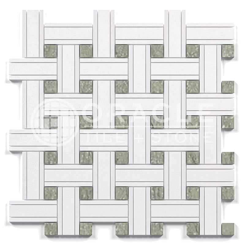 Thassos White Marble - Triple-Weave Mosaic Tile w/ Ming Green Marble Dots