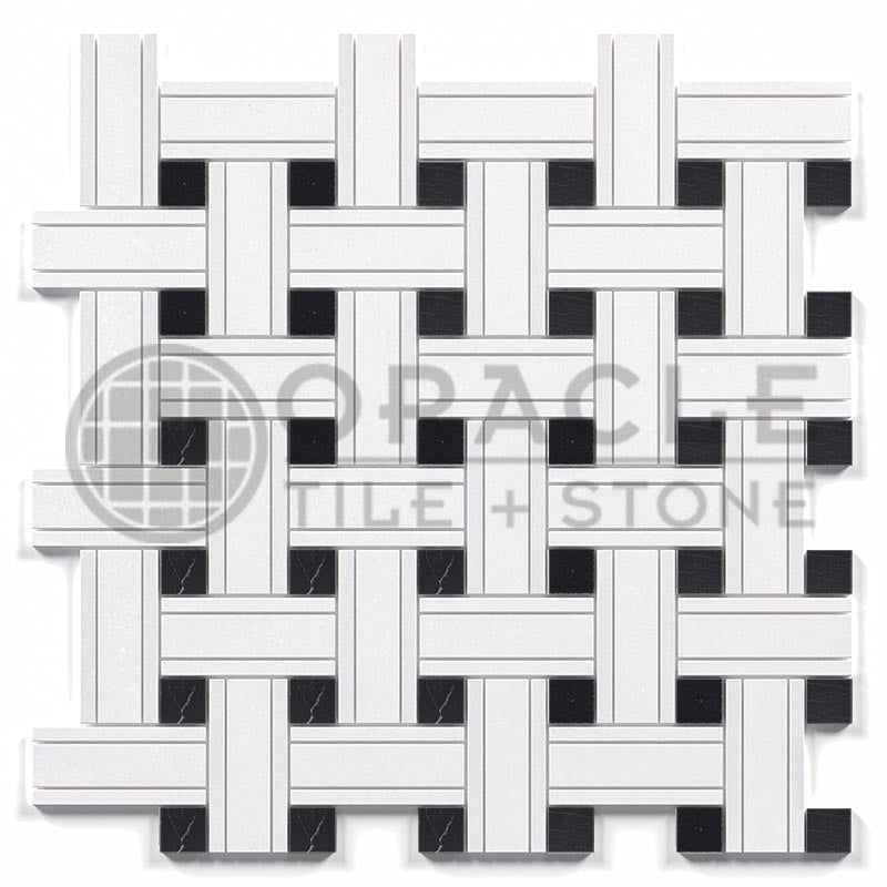 Thassos White Marble - Triple-Weave Mosaic Tile w/ Black Marble Dots