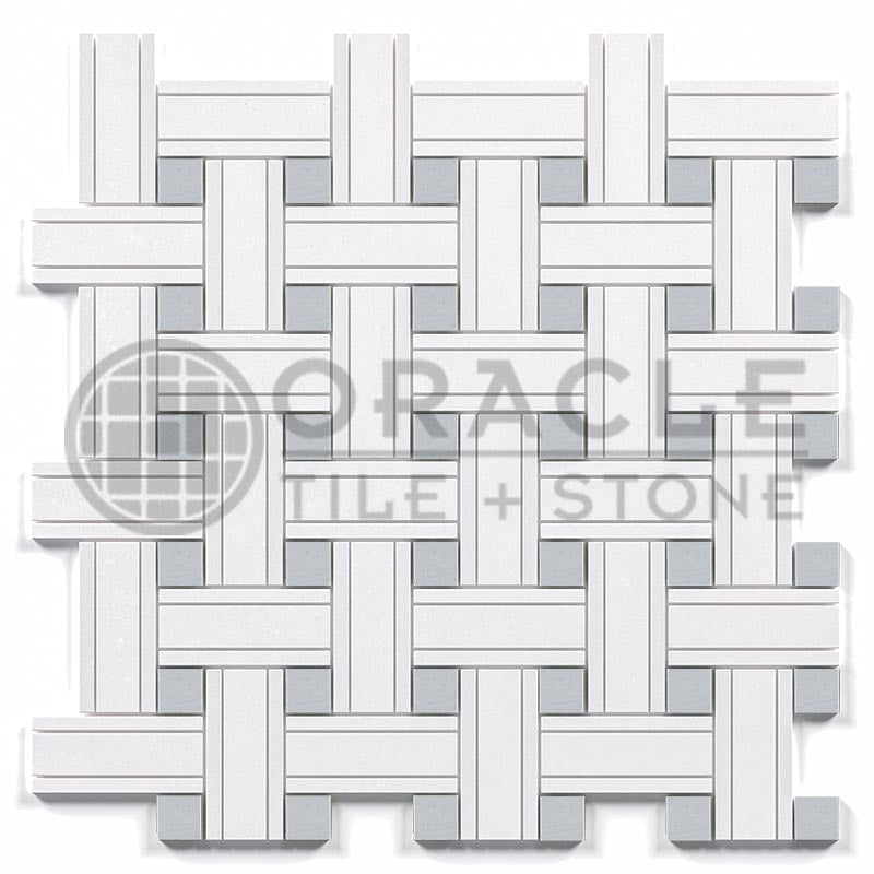 Thassos White Marble - Triple-Weave Mosaic Tile w/ Bardiglio Blue-Gray Marble Dots