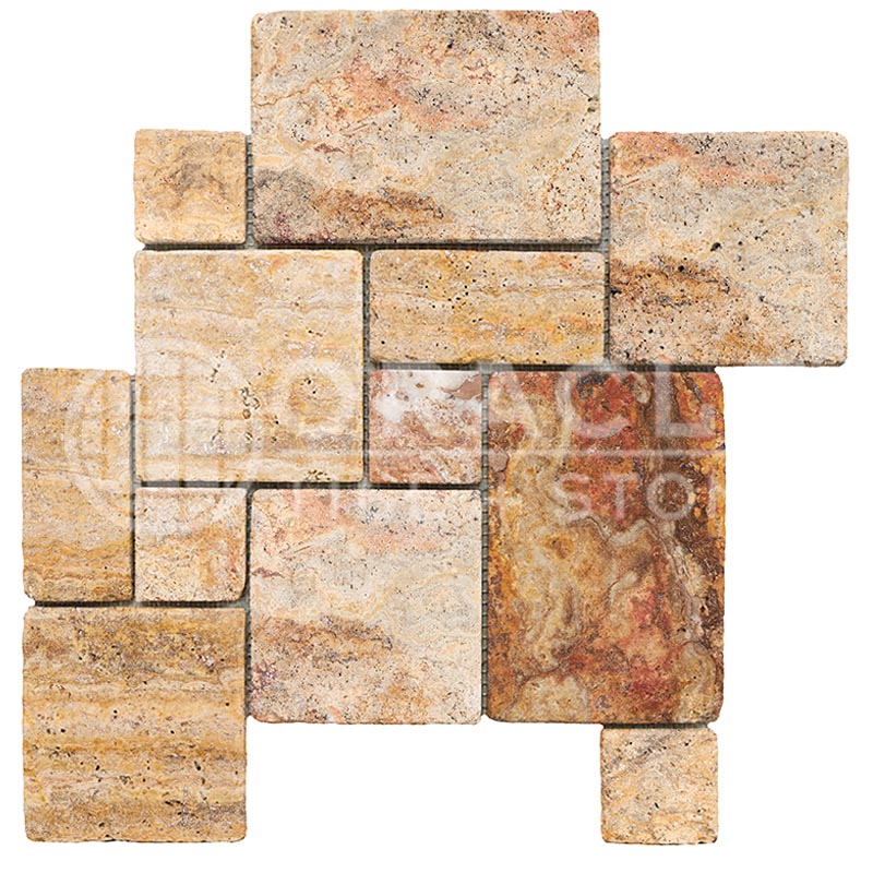 Scabos	Travertine	Roman (MIDI-Versailles) Pattern	Tile - (Cross-cut)	Unfilled, Brushed & Chiseled
