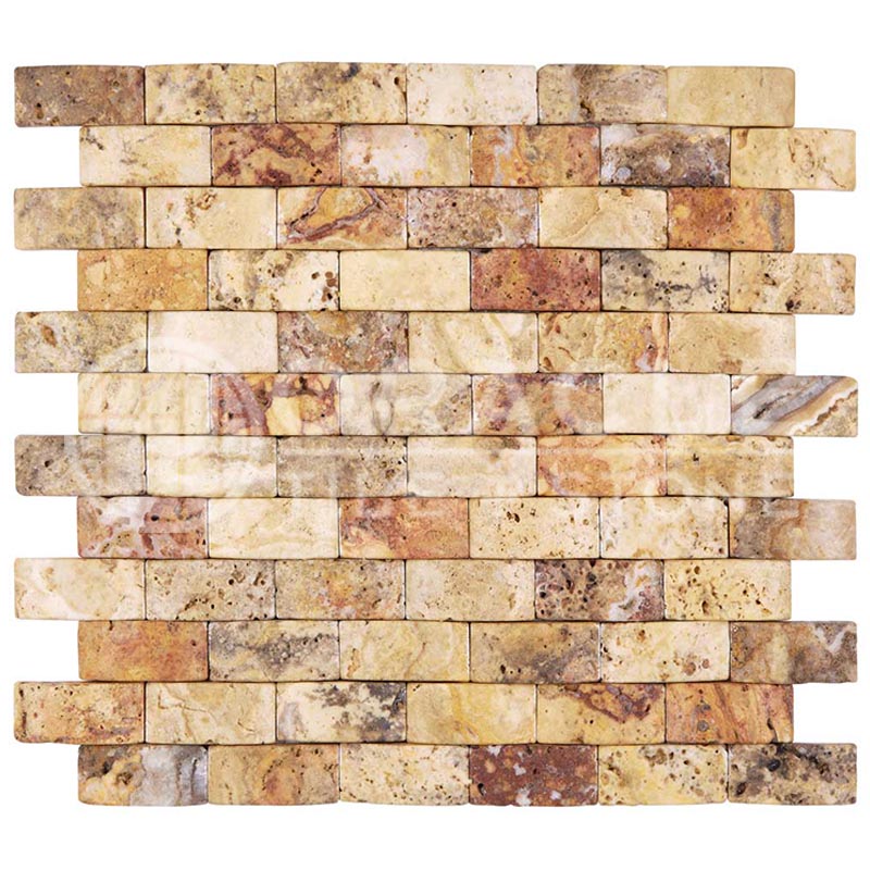 Scabos	Travertine	1" X 2"	Brick Mosaic	CNC-Arched & Tumbled (Round-face / Wavy)