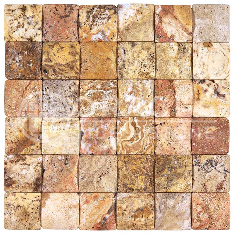 Scabos	Travertine	2" X 2"	Mosaic	CNC-Arched & Tumbled (Round-face / Wavy)