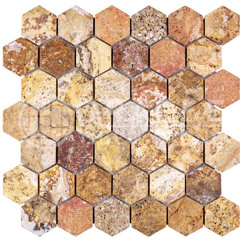 Scabos	Travertine	2" X 2"	Hexagon Mosaic	Tumbled