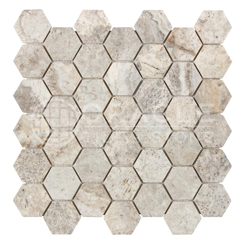Silver Travertine - 2" Hexagonal Mosaic Tile