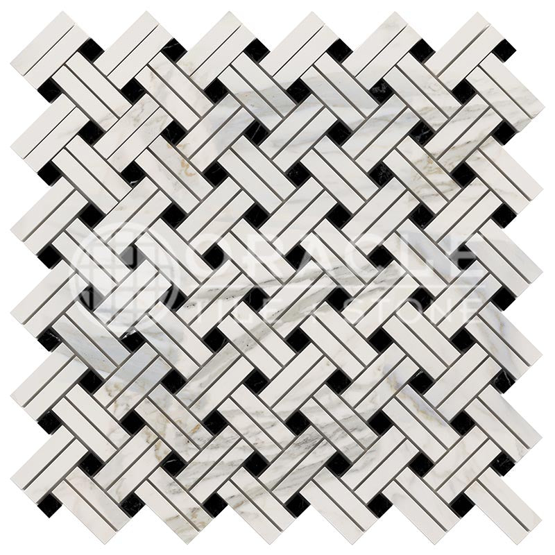 Italian Calacatta Gold Marble - Stanza Mosaic Tile w/ Black Marble Dots