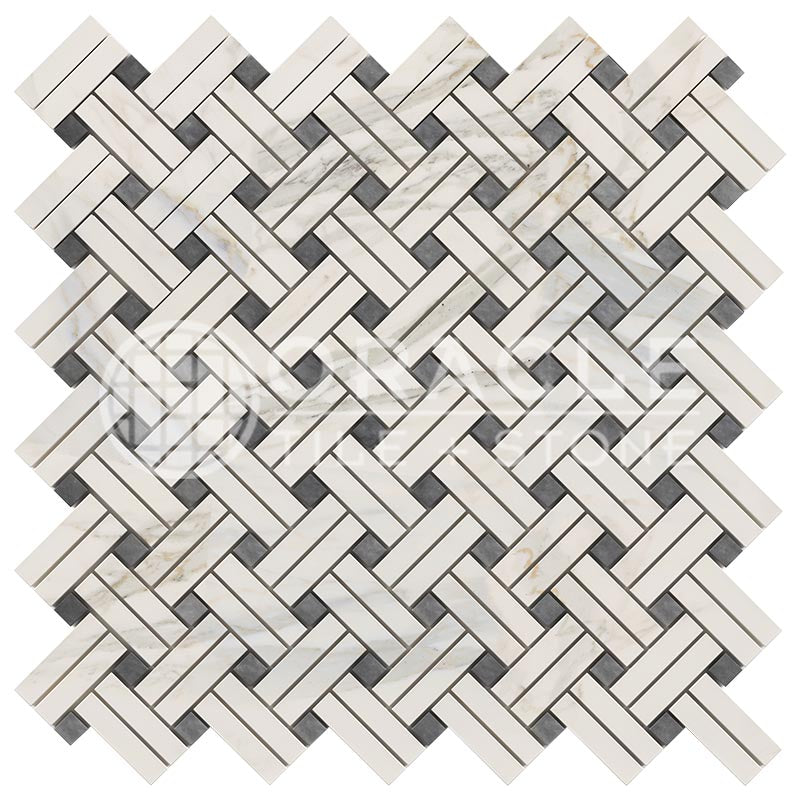 Italian Calacatta Gold Marble - Stanza Mosaic Tile w/ Bardiglio Blue-Gray Marble Dots
