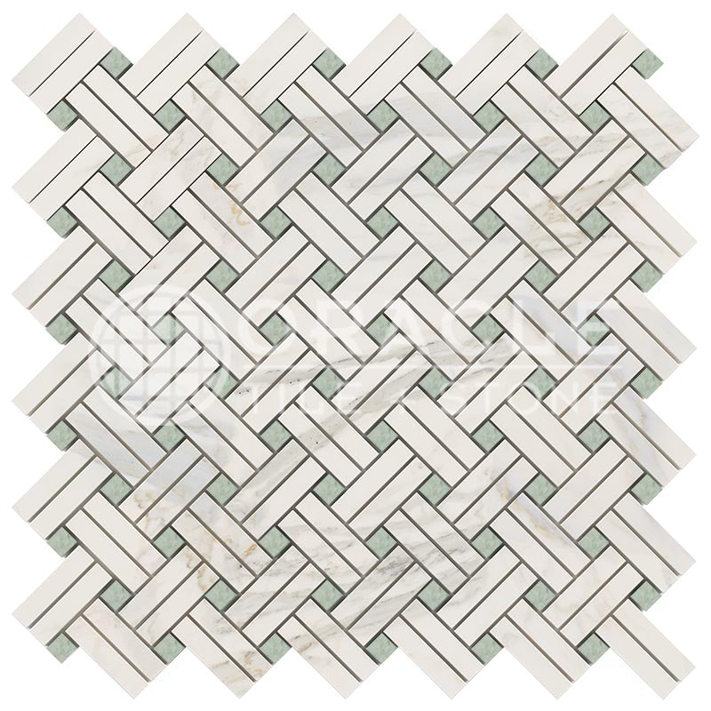 Italian Calacatta Gold Marble - Stanza Mosaic Tile w/ Ming Green Marble Dots