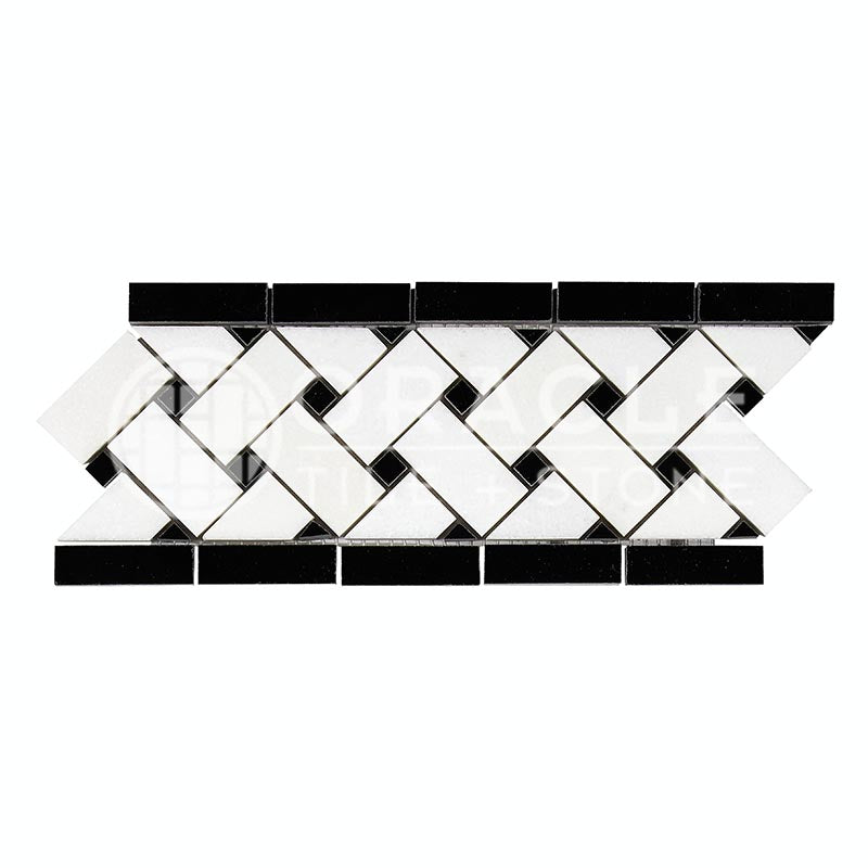 Thassos White Marble - Basketweave Border / Listello with Black Marble Dots