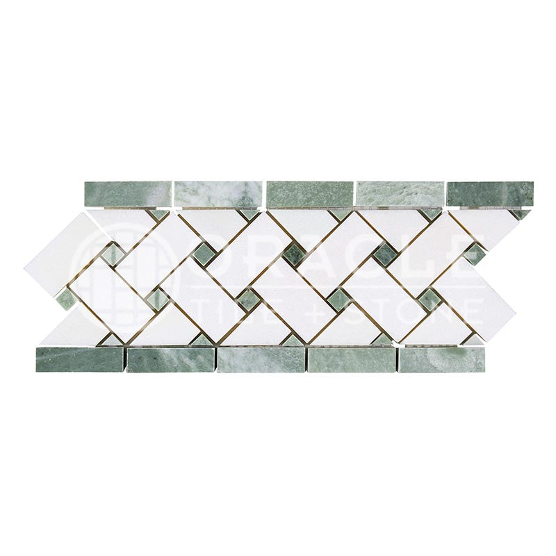 Thassos White Marble - Basketweave Border / Listello with Ming Green Marble Dots