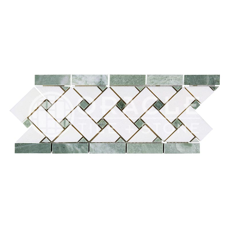 Thassos White (Greek)	Marble	4 3/4" X 12"	Basketweave Border (w/ Ming Green)	Polished
