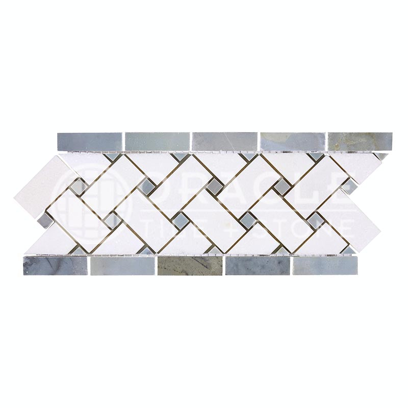 Thassos White Marble - Basketweave Border / Listello with Bardiglio Blue-Gray Marble Dots