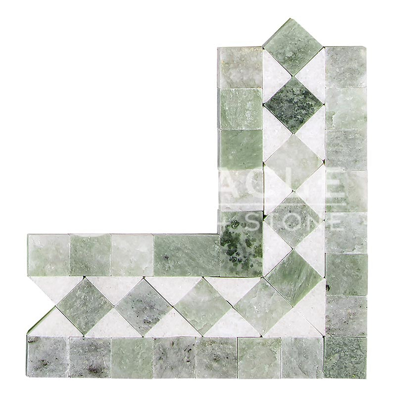 Thassos White Marble - BIAS Border / Listello CORNER with Ming Green Marble Dots