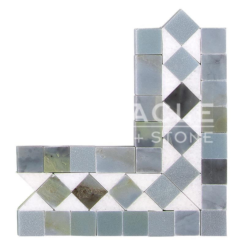 Thassos White Marble - BIAS Border / Listello CORNER with Bardiglio Blue-Gray Marble Dots