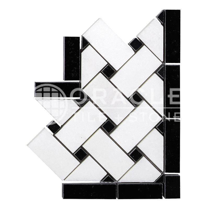 Thassos White Marble - Basketweave Border / Listello CORNER with Black Marble Dots