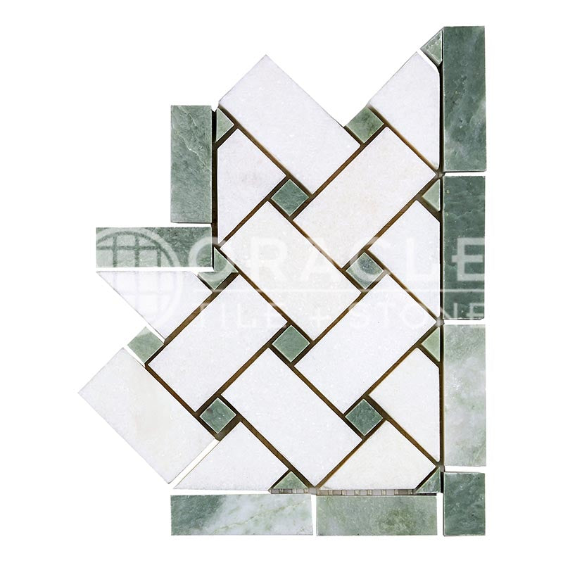 Thassos White Marble - Basketweave Border / Listello CORNER with Ming Green Marble Dots