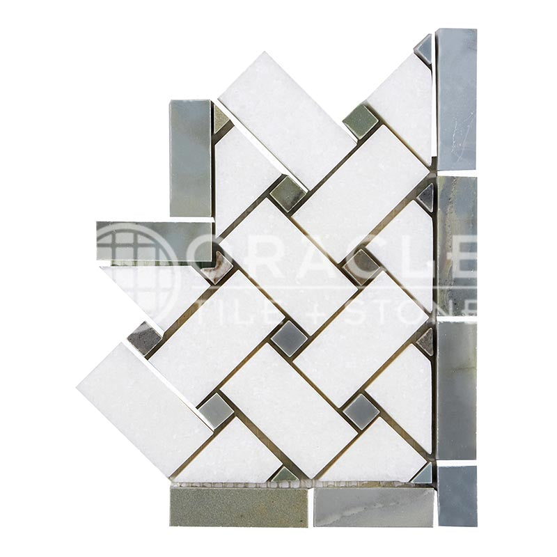 Thassos White Marble - Basketweave Border / Listello CORNER with Bardiglio Blue-Gray Marble Dots