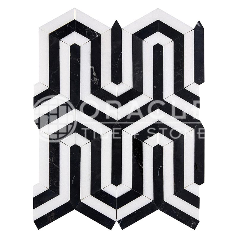 Thassos White Marble - Berlinetta Mosaic Tile w/ BLACK Marble Strips
