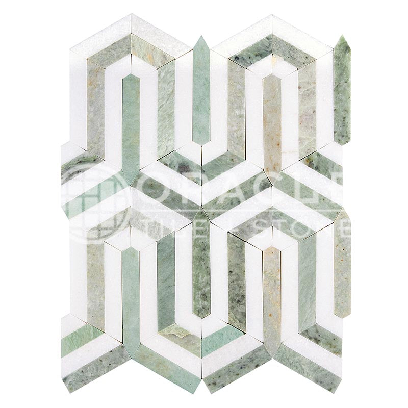 Thassos White Marble - Berlinetta Mosaic Tile w/ Ming Green Marble Strips