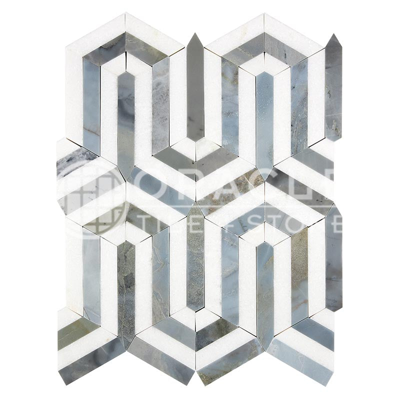 Thassos White Marble - Berlinetta Mosaic Tile w/ Bardiglio Blue-Gray Marble Strips