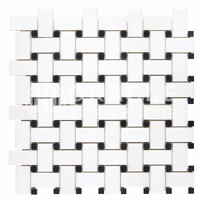 Thassos White Marble - Basketweave Mosaic Tile w/ Black Marble Dots
